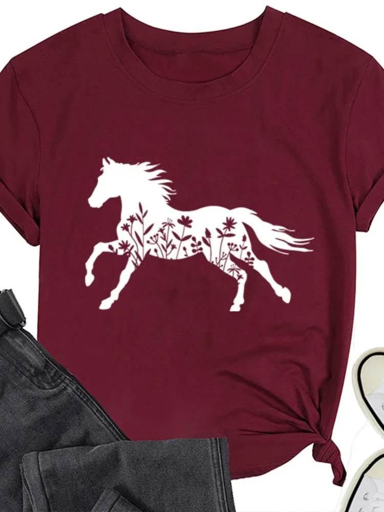 Wildflower Horse Print Women T Shirt Short Sleeve O Neck Loose Women Tshirt Ladies Tee Shirt Tops Clothes Camisetas Mujer