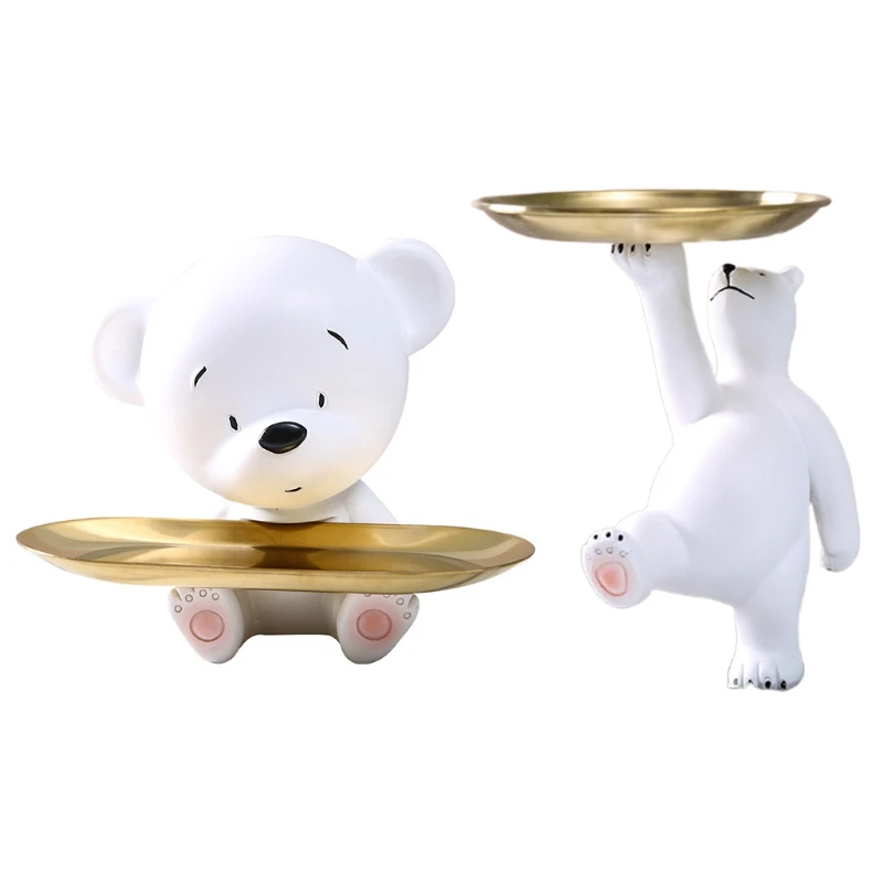 

Nordic White Bear Statue with Storage for Key Tray Fruit Jewelry Snacks Candy Plate Shelf Resin Figurine Deco