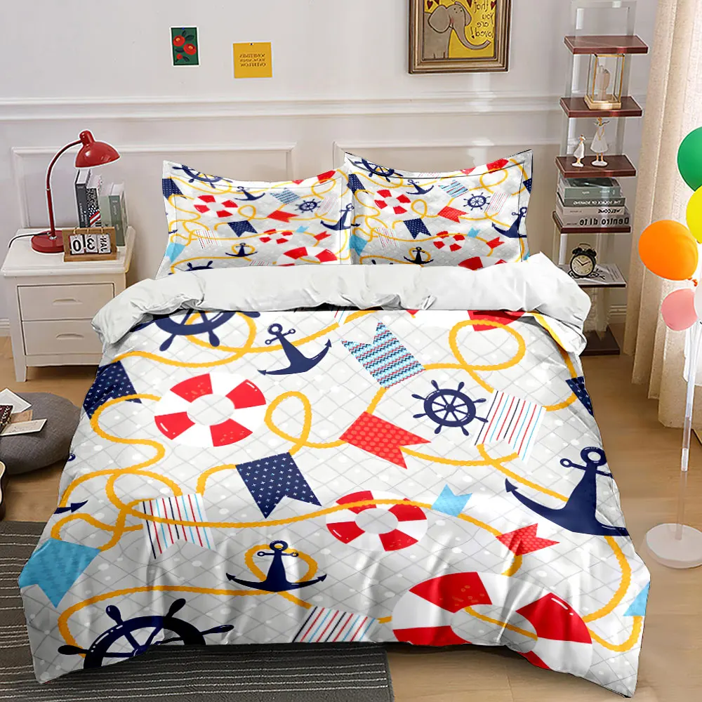 Nautical Pattern with Flags and Anchors Print Soft Comfortable Duvet Cover Bedding Set Included 1*Duvet Cover  2*Pillowcases