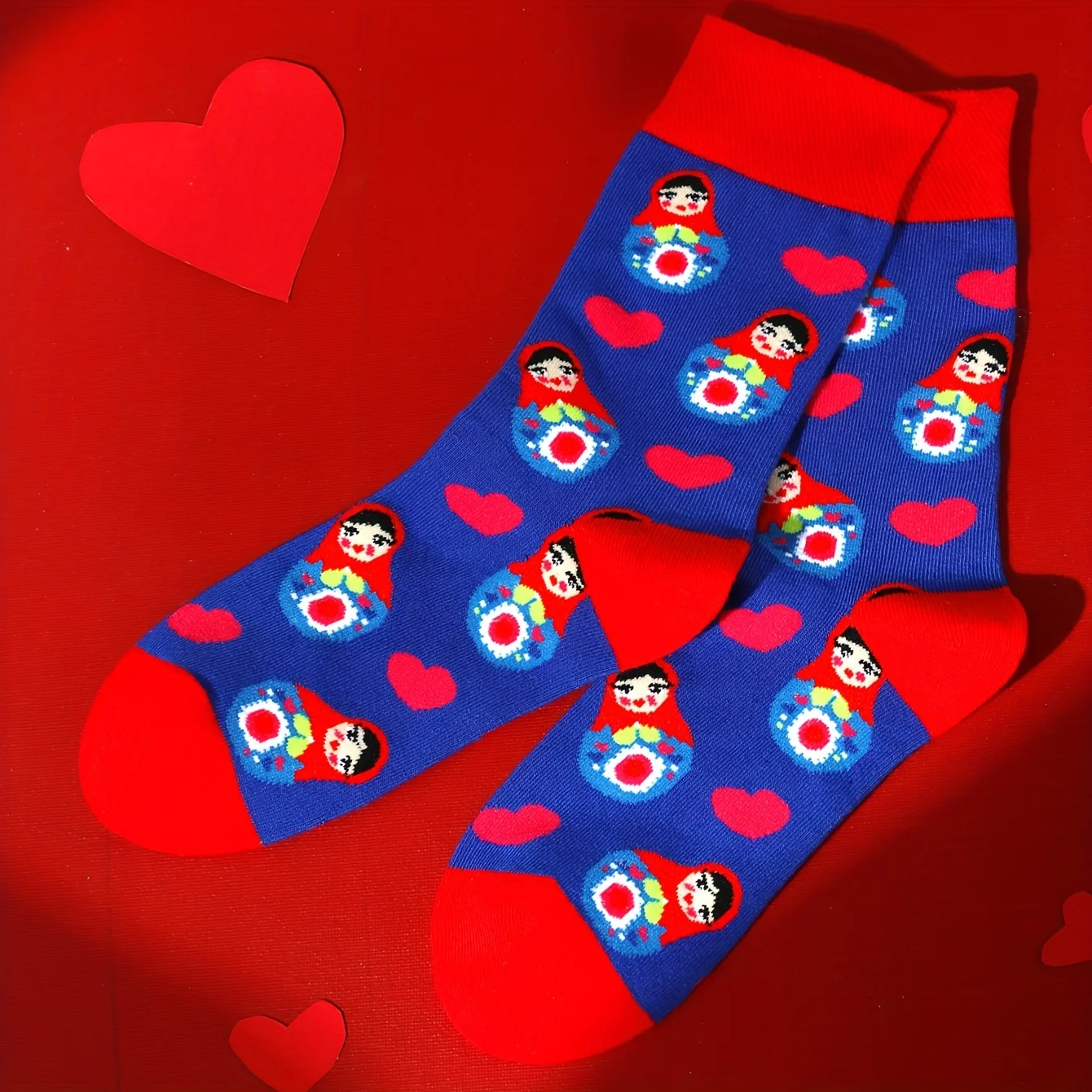 A pair of blue retro personalized characters pattern fashion trendy socks suitable for Halloween Christmas Valentine\'s Day gifts