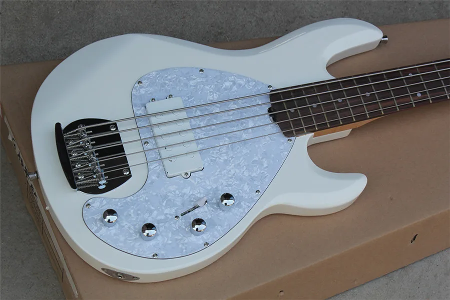 Flyoung 5 Strings White Electric Bass Guitar with Pearl Pickguard,Humbucker Pickups,Offer Customize