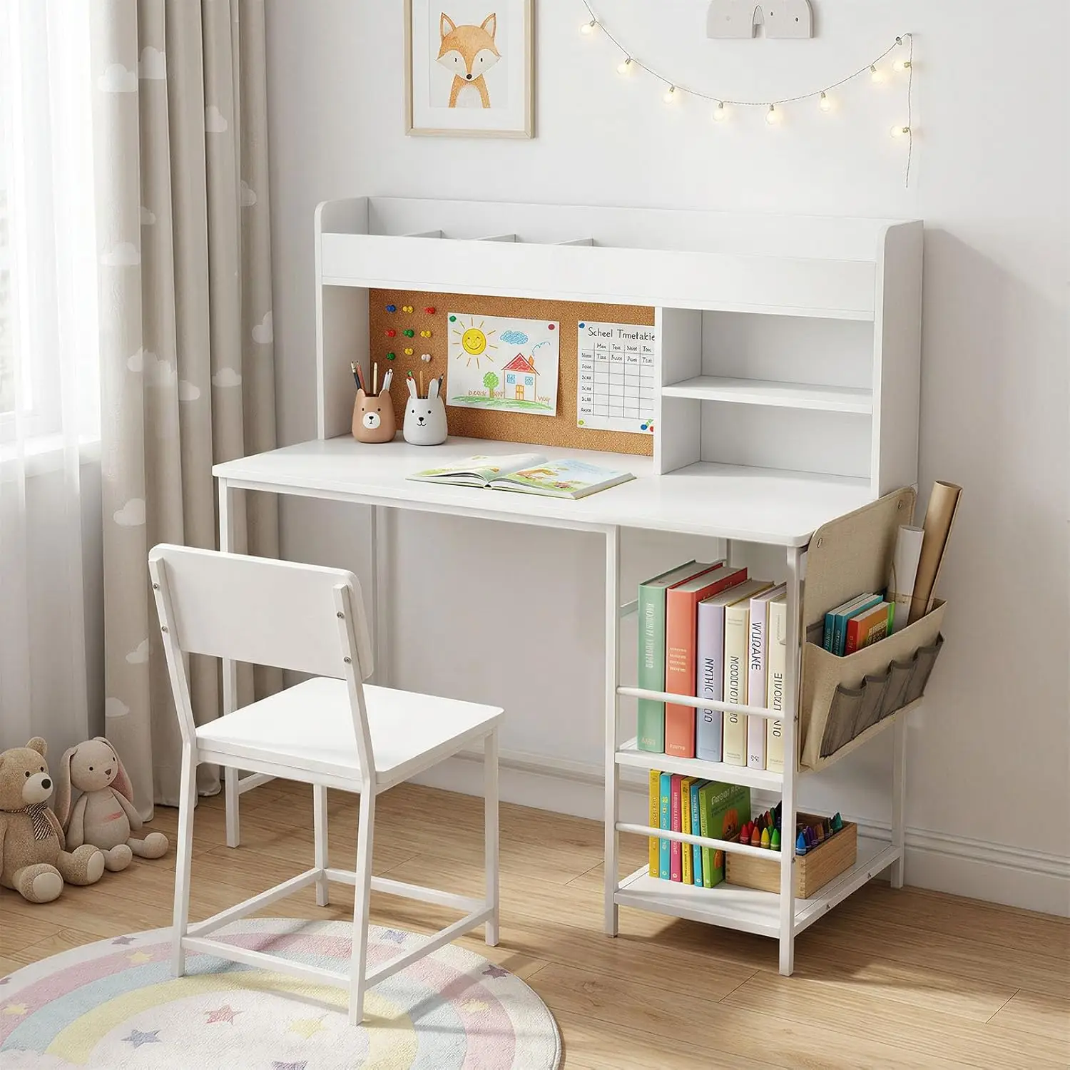Kids Desk and Chair Set with Storage, Children Study Table with Bulletin Board, Side Pouch Organizer for Art Supplies, Kids Study Desk with Hutch for 5-12 Homework, Reading, Art Activities