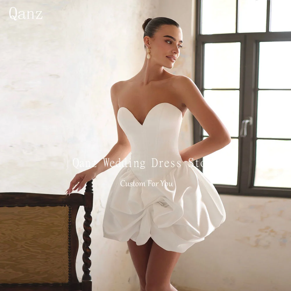 Qanz White Satin Mini Wedding Dress Sweetheart Short A Line Ruffle Robe De Mariée Sexy Lace Up Back Bridal Gowns Customized