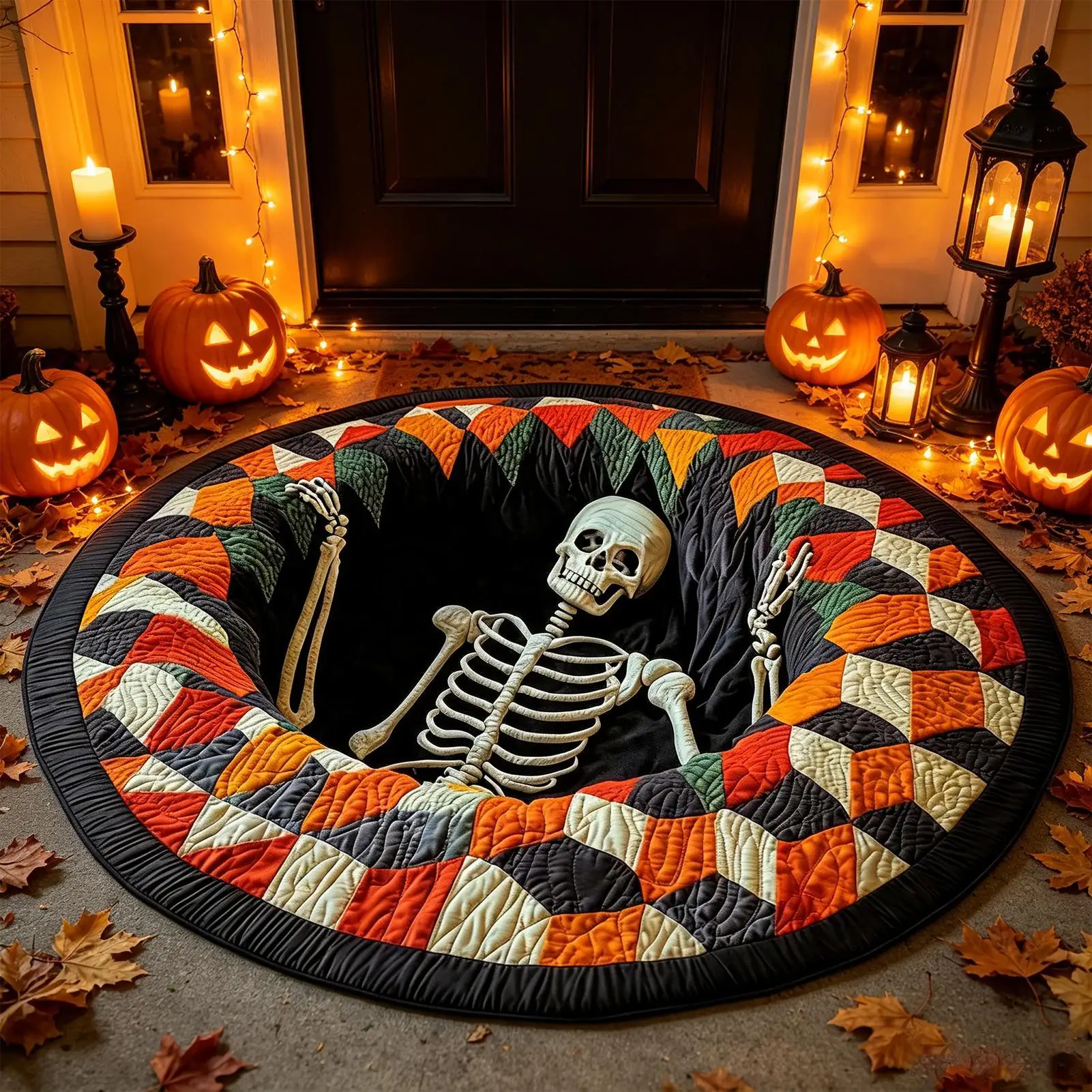 Halloween Floor Mat Optical Illusion Round Non-Slip Rug Funny Horror Area Mat for Home Apartment Festival Living Room Game Room