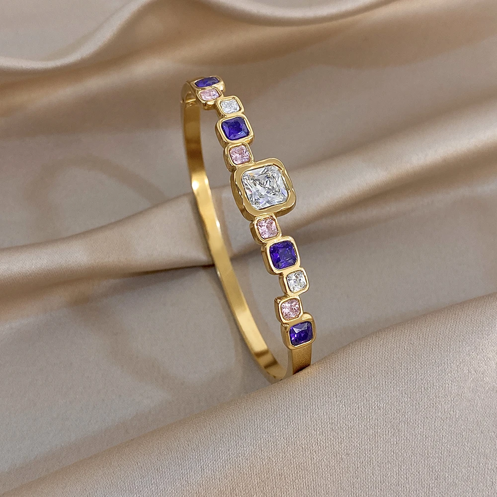 Luxury Square Colorful Crystal Zircon Bangle Set for Women Gold Color Stainless Steel Open Cuff Bracelet Waterproof Jewelry Gift