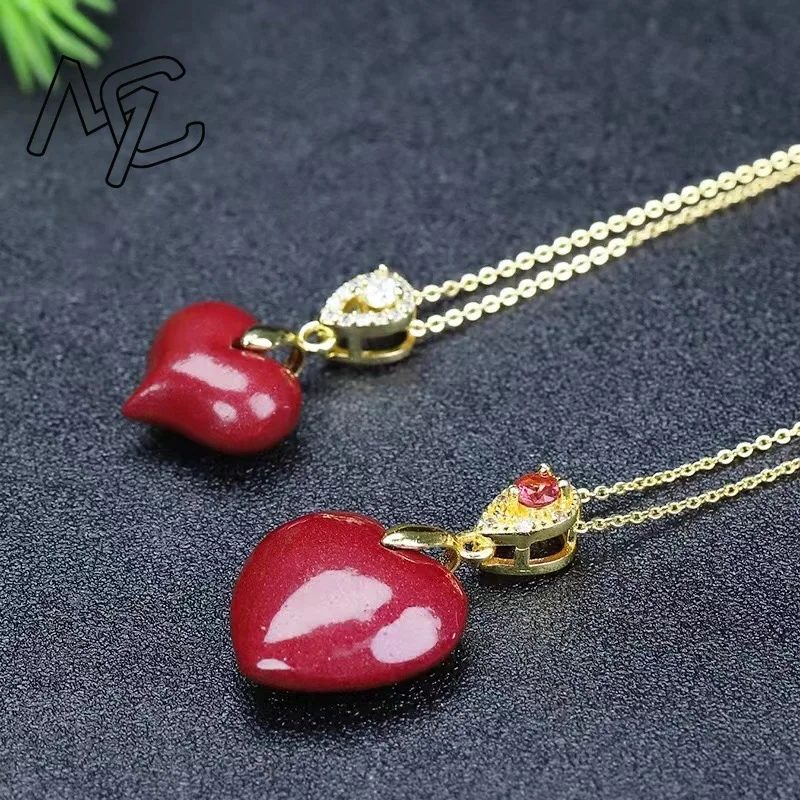 Natural Vermilion Love Heart Jade Pendant 925 Silver Gilt Purple Gold Sand Lucky Necklace Collarbone Chain Women Fashion Jewelry