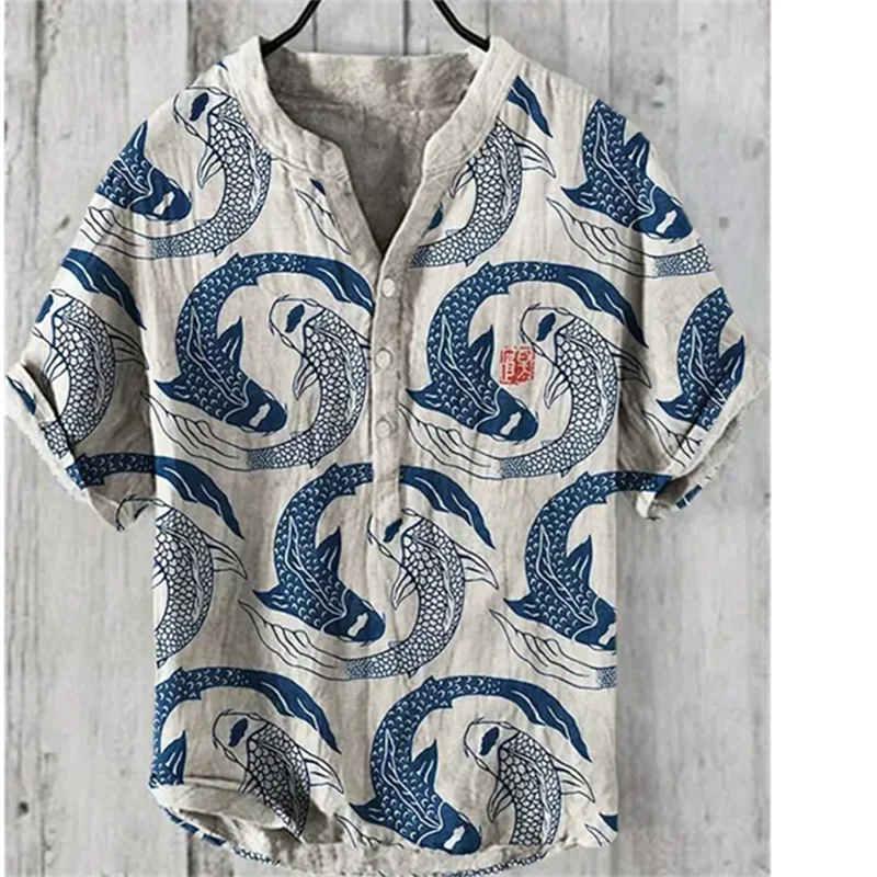 Retro Octopus Japanese Art Linen Blended Men's Shirt