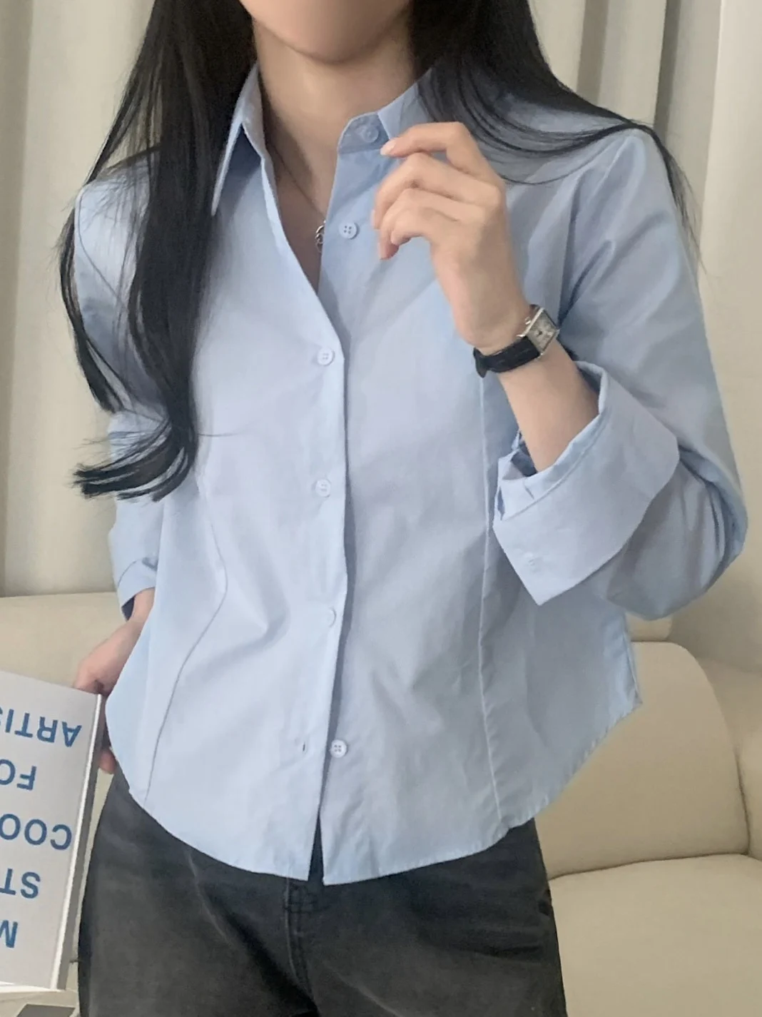 Korean Style Chic Slim Fit Short Sleeve Shirt Basic Style Long Sleeve Shirt Youthful Small Stature Shirt Fashionable Button D...