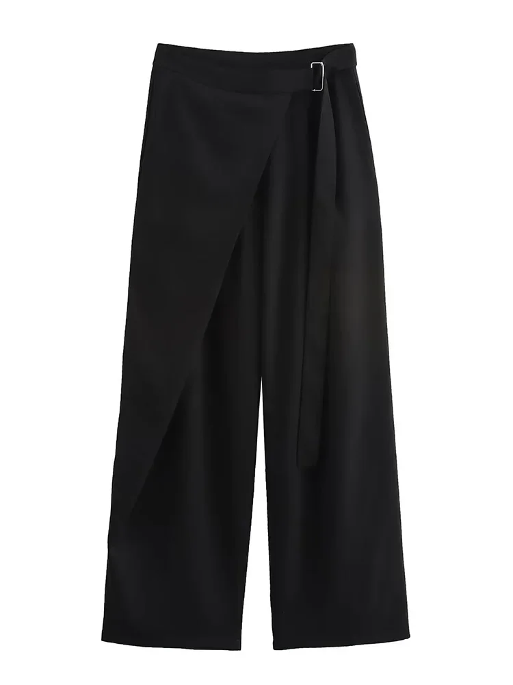 Willshela Women Fashion With Belt Black Front Zipper Straight Pants Vintage High Waist Full Length Female Chic Lady Trousers