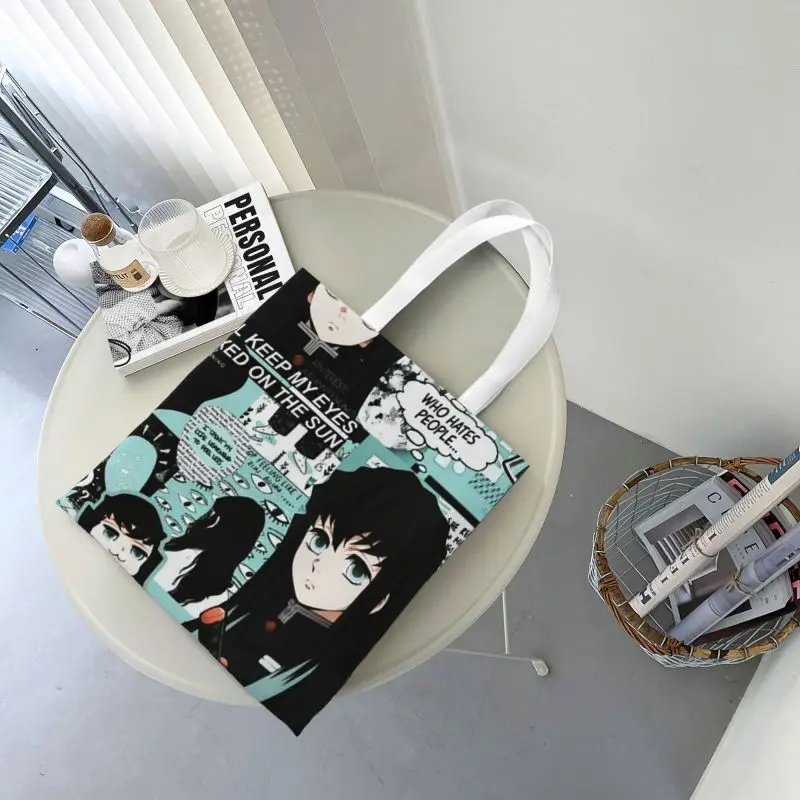 Anime Demon Slayer Grocery Shopping Bags Funny Print Canvas Shopper Shoulder Tote Bags Muichiro Tokito Kimetsu No Yaiba Handbag