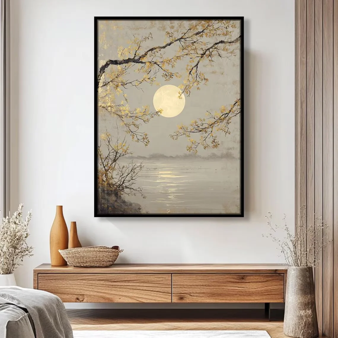 Serene Japanese-Inspired Landscape Wall Print Decor - Elegant Textured Painting of a Full Moon Glowing Over a Calm Lake, Fram