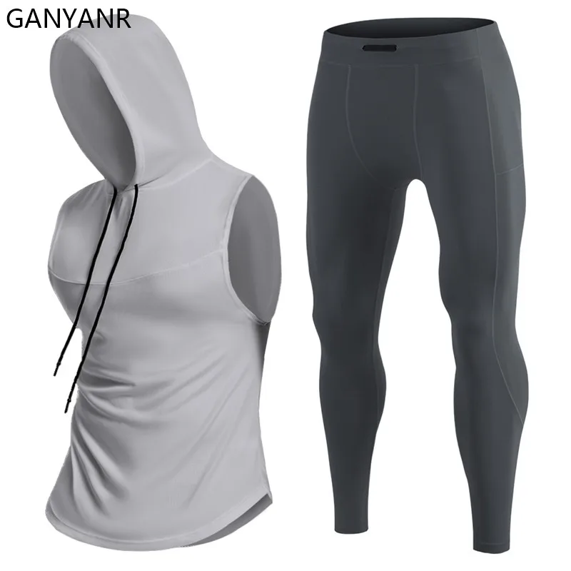 GANYANR Running Set Men Hoodies Tank Tops gym Sports suit Football pants Pullover basketball Soccer Sweatpants fitness Tracksuit