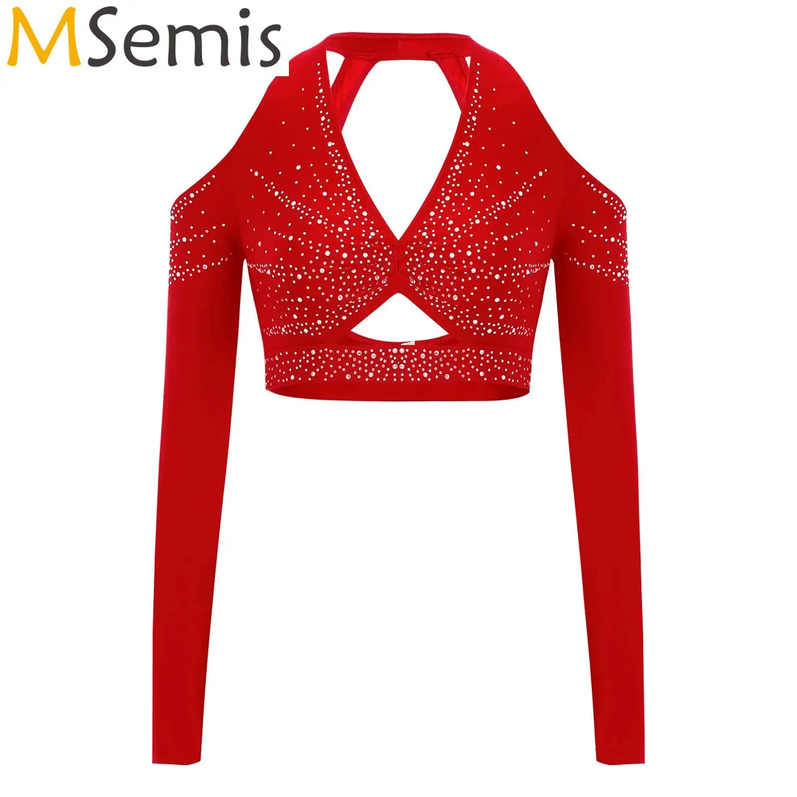 Womens Jazz Latin Ballet Dance Top Shiny Rhinestones Gymnastics Figure Skating Costumes Halter Long Sleeve Backless Crop Top