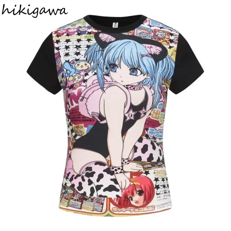 Women Clothes Japanese Anime Print T Shirts Crop Tops Short Sleeve O-neck Summer Tees Casual Chic Y2k Tshirts 2024 Ropa Mujer