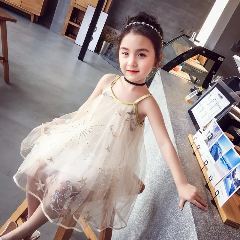 Girls' Dress with Straps Embroidered Dress Soft Tulle Dress25Summer New Fashion Foreign Trade Children's Clothing Wholesale2-7Ye
