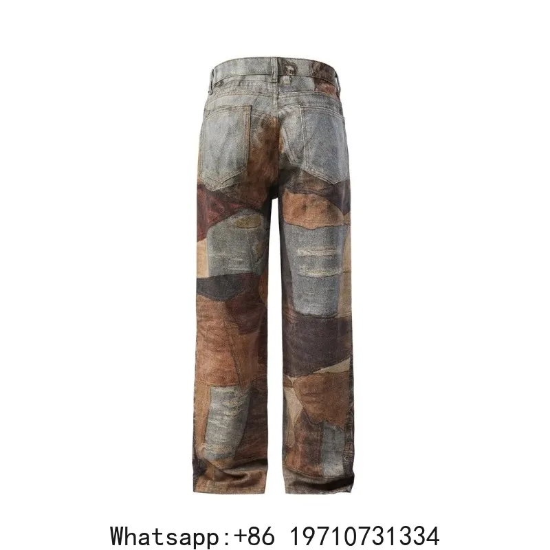 Niche design patchwork jeans, men's irregular patched ripped vintage distressed slimming wide-leg pants