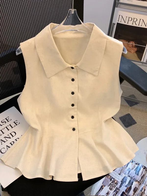 

Korean Style Collar Sleeveless Shirt Women's Fashion Pure Color Single Button Top Trendy Commute Style Polyester Fiber