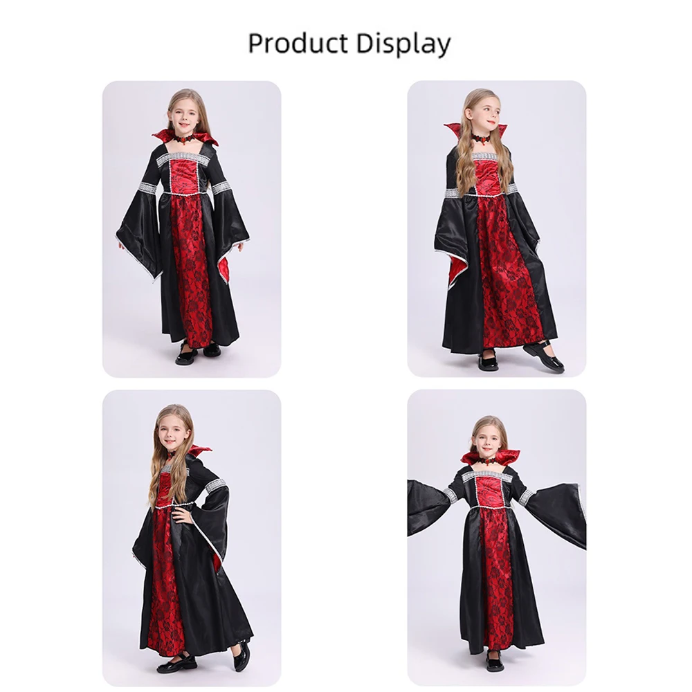 Gothic Vampire Long Dress Costume Red Floral Inner Robe With Flared Sleeves Hooded Skeleton Print Gown And Flame Pattern Hem Dress Classic Stand Collar Matching Decorative Neck Ring For Halloween Gathering Haunted House Event Horror Themed Cosplay Outfit view 4