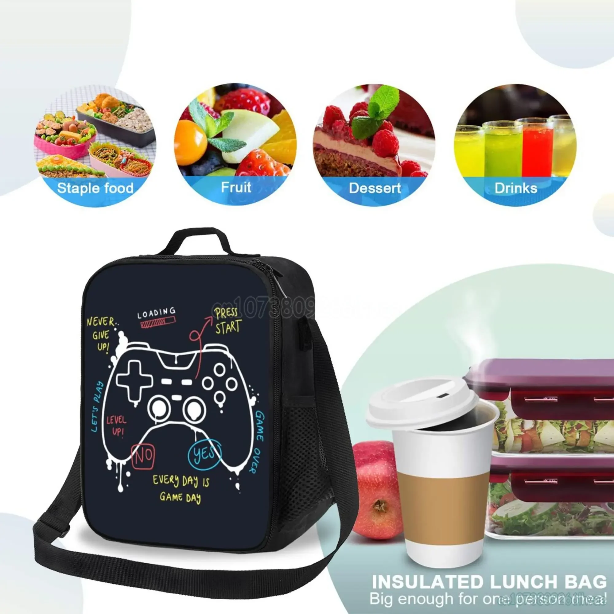 Video Game Weapon Gamer Play Gaming Insulated Lunch Bag Tote Handbag Food Container Cooler Pouch for Beach School Work Office