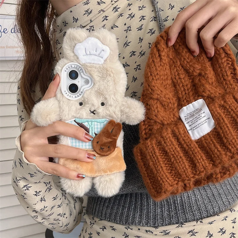 

Fluffy Fuzzy Plush Fur Case For iphone 16 pro max Cute rabbit for iphone 15 12 14 13 Pro Max 14Pro 15PM warmth Soft Cover Girl