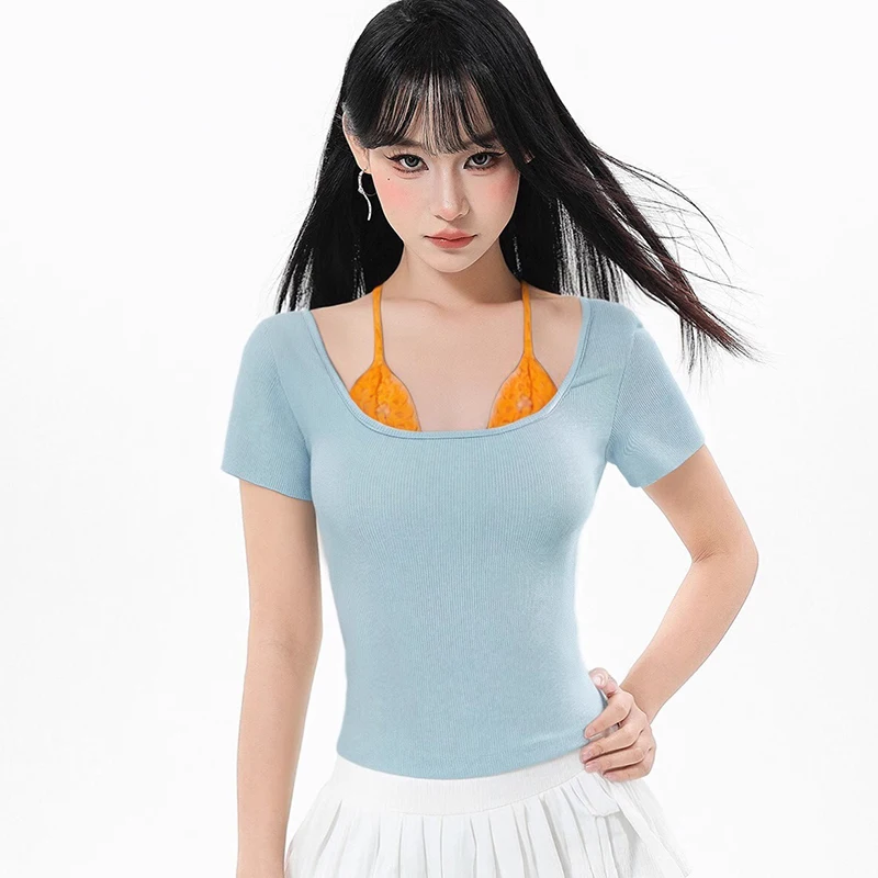 

Halter Neck Straight Shoulder Fake Two Piece Short Sleeve T-Shirt Women's Summer Short Tops