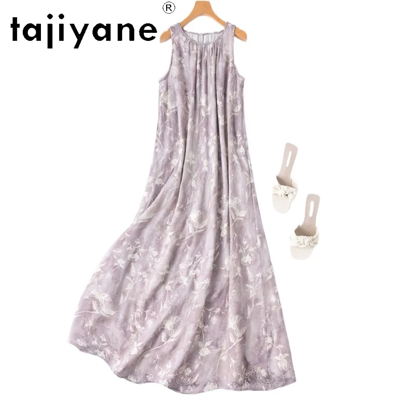 

TAJIYANE 100% Mulberry Silk Tank Floral Dresses for Women Elegant Purple Long Dress Loose Frocks Summer Woman Clothes 2026 원피스