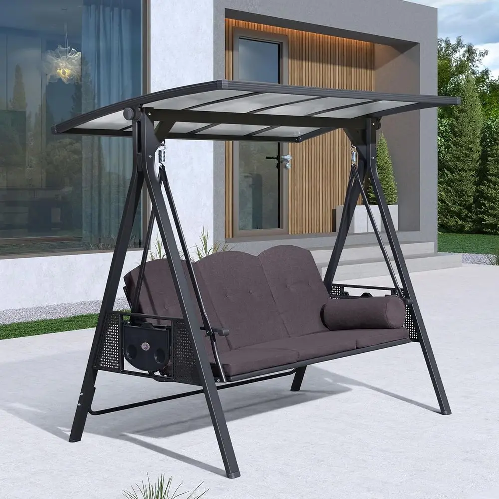 

3-Seat Adjustable PVC Patio Swing with Cup Holders, Grey, Includes Cushions & Pillows