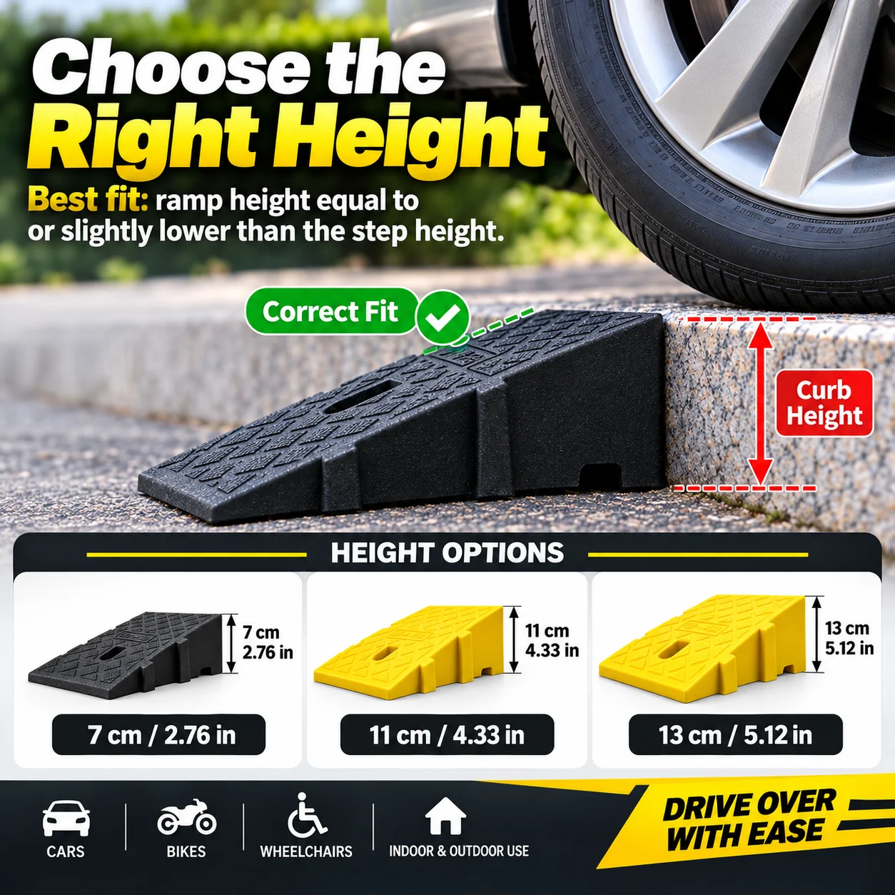Portable Car Wheel Curb Ramp 1/2/3/4PCS 7/11/13cm Non-Slip Heavy Duty Threshold Ramp for Truck Trailer Bicycle Wheelchair