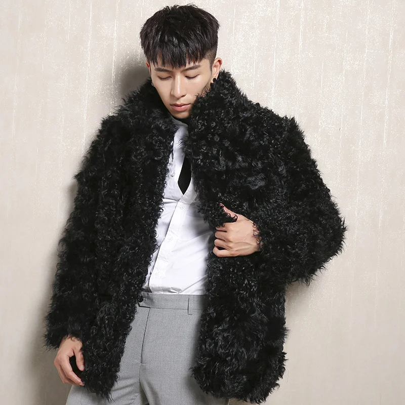 

New Mens Lamb Fur Coat Loose High Quality Leather Wool Jacket Stand Collar Sheepskin Sherling Overcoat