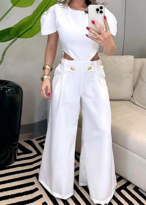 

Urban Fashion Women's Bodysuit Hollow Pocket Button Decoration Casual Pants Unique Waist Wide Leg Long Jumpsuit Women 2023