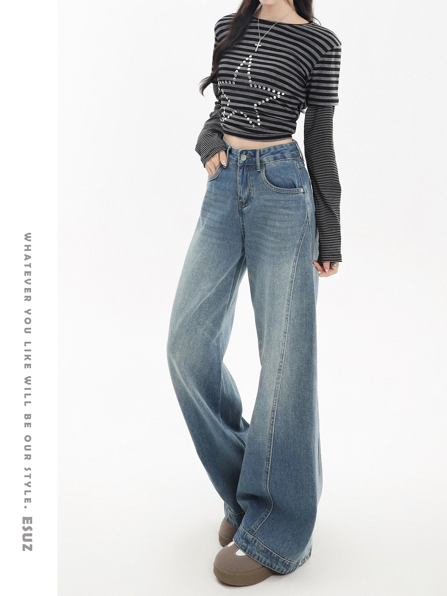 

Offcat Vintage Wide Leg Denim Jeans Women's Autumn Winter New American High Waist Draping Pear Shape Slim Straight Cotton Blend