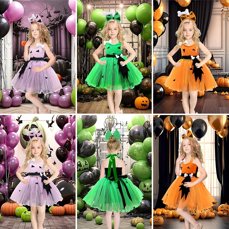 4 Colors Pebbles Stones Costumes for Girls Christmas Halloween Fancy Dress for Kids Cavern Carvegirl Outfit with Bone Harbor