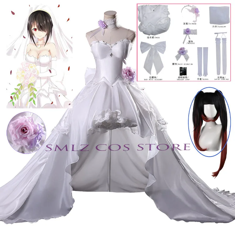 

Anime DATE A LIVE Cosplay Tokisaki Kurumi Cosplay Costume Woman Nightmare White Wedding Dress Wig Set Halloween Party Outfit