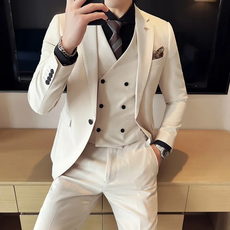 2023 Fashion New Men Business Solid Color Slim Suit / Slim Fit Double Breasted Waistcoat Dress Blazers Jacket Coat Vest Pants