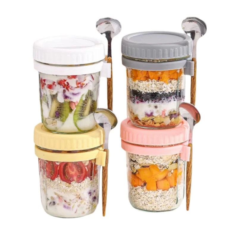 BAAG-Set Toples Oatmeal Semalam yang Dapat Digunakan Kembali, Stoples Kaca Tersegel 350 Ml Dengan Tutup Dan Sendok, Digunakan Untuk Sereal Dan Yogurt.