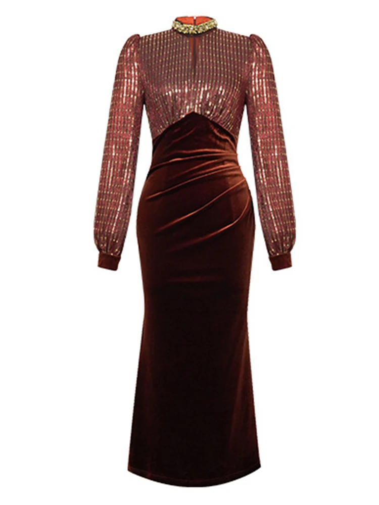 French Elegant Evening Dresses for Women Velvet Hollow Gold Sequins Luxury Diamond Prom Fishtail Robe Femme Party Vestidos Lady