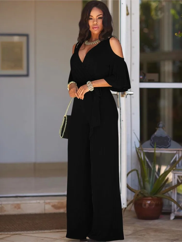 Spring Summer Solid Color Women Sexy Deep V Neck Short Sleeve Rompers Fashion Slim Fit Lace Up Elegant Female Wide Leg Jumpsuit