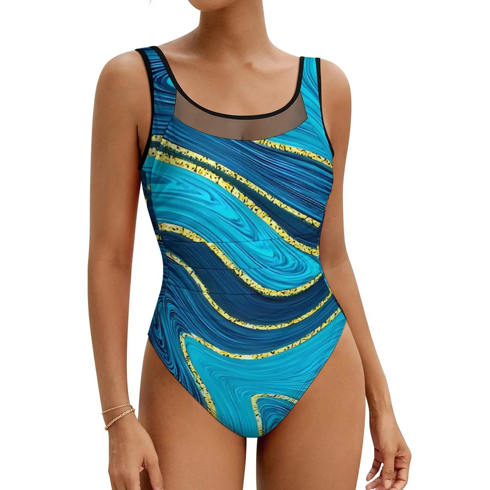 Blue And Gold Marble Swirls Art Swimsuit Push Up Swimwear One Piece Surfing Bathing Suit Bodysuit Sexy Beach Wear Plus Size