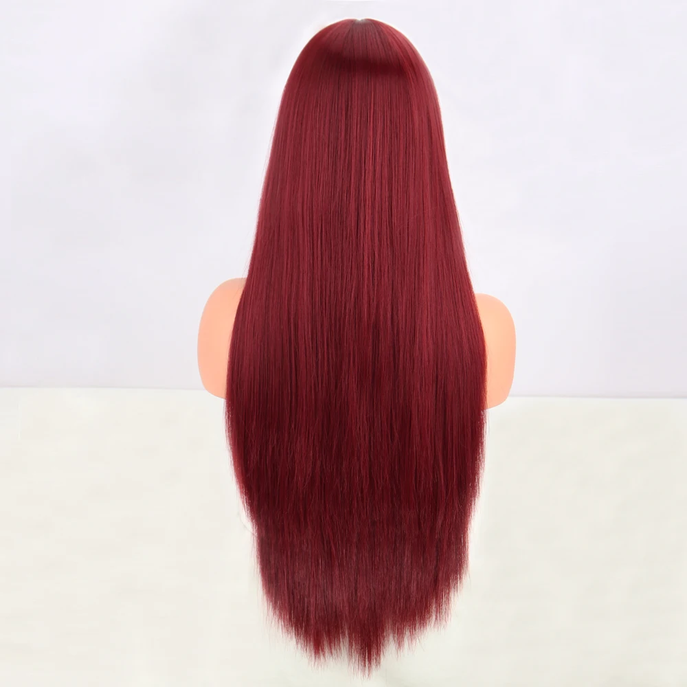 Long Wine Red Straight Synthetic Wig With Bangs for Black Women Party Cosplay Hair Wigs Heat Resistant