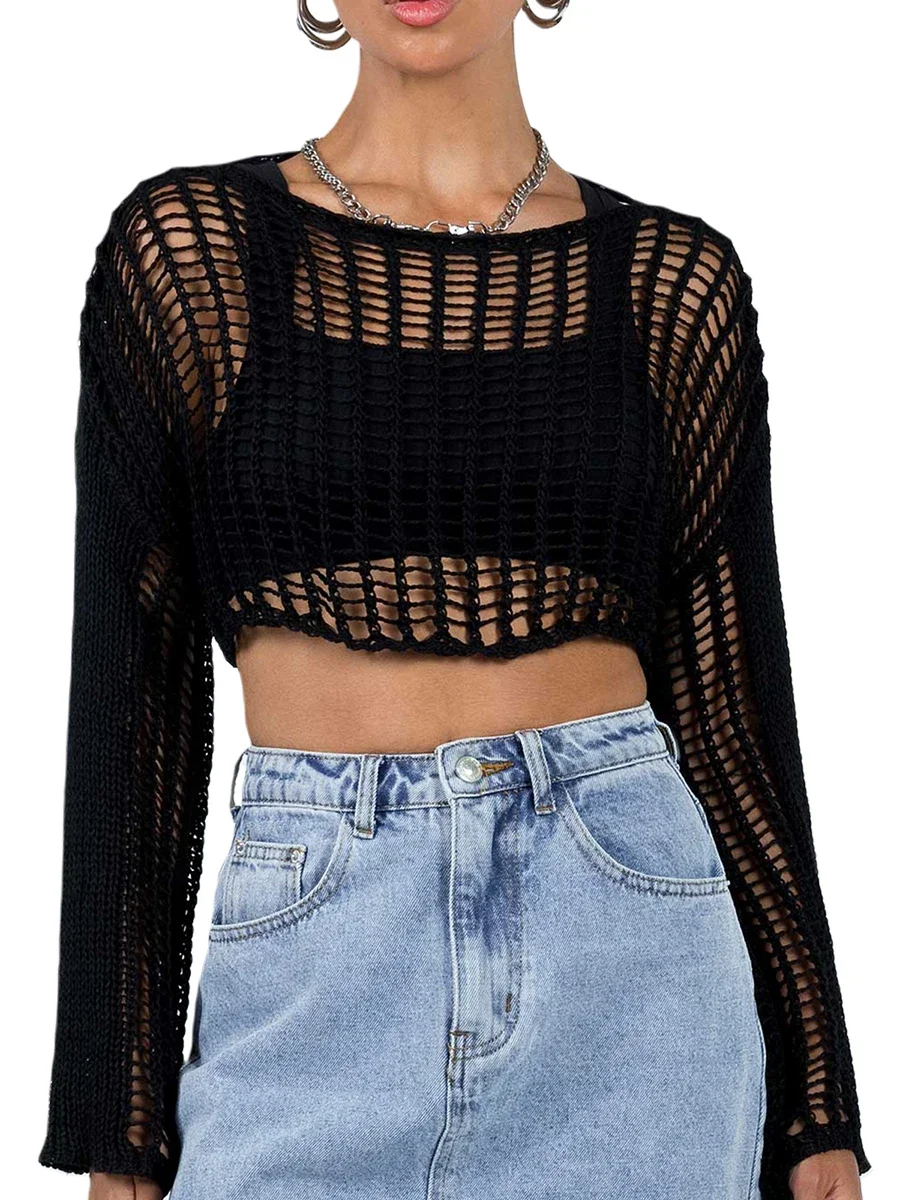 Womens Y2K Crop top lavorati a maglia shtappeti Patchwork Crochet scava fuori manica lunga Off-spalla camicia allentata maglione Crochet Cover Up