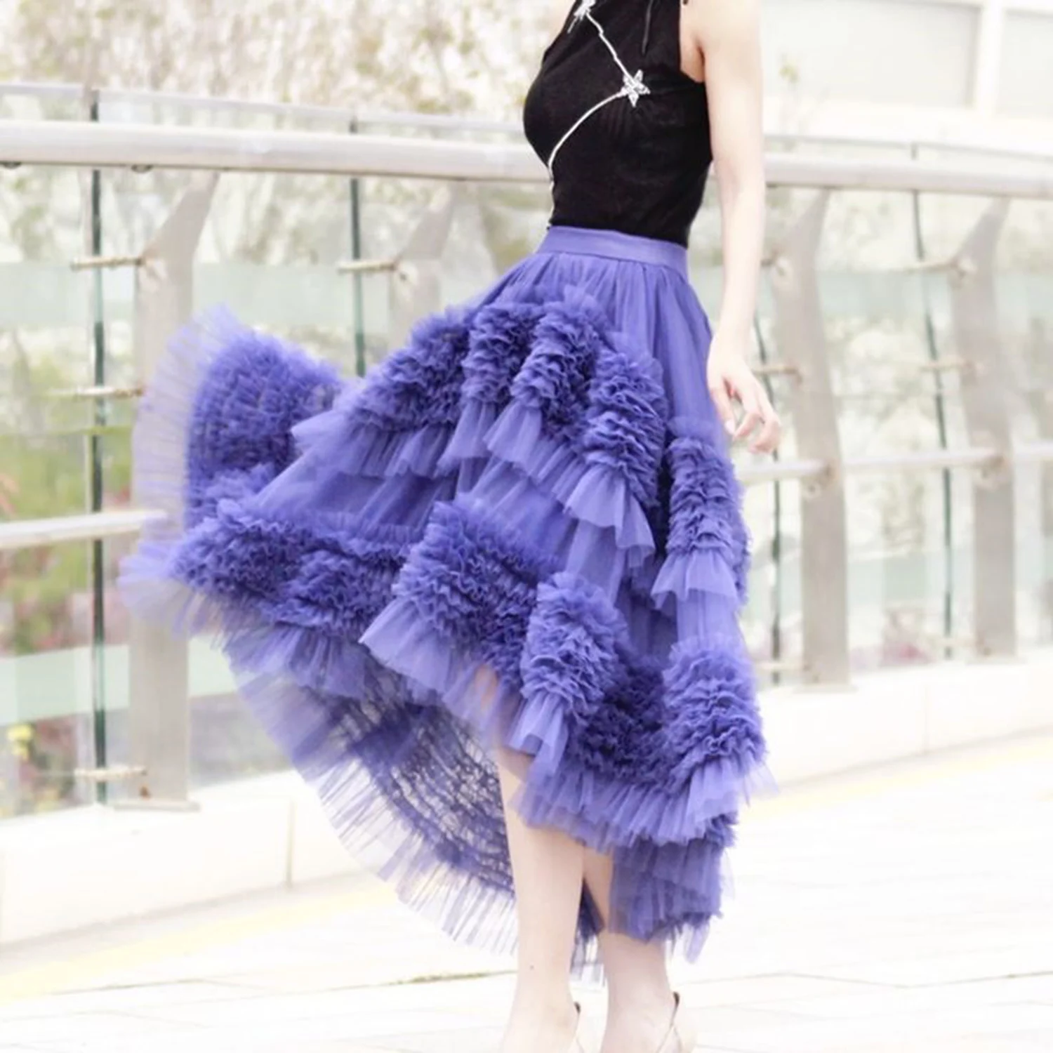 

Ruffles Putty Tulle Women Skirt Elastic Waist High Low Tutu Skirt Tiered Birthday Party Formal Wear Outfit