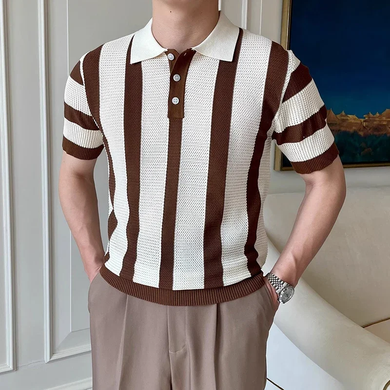 

Stylish Mens Slim Short Sleeve Polo Shirts Knitting Striped Contrast Color Polo T Shirt for Men Summer New Casual Buttoned Polos