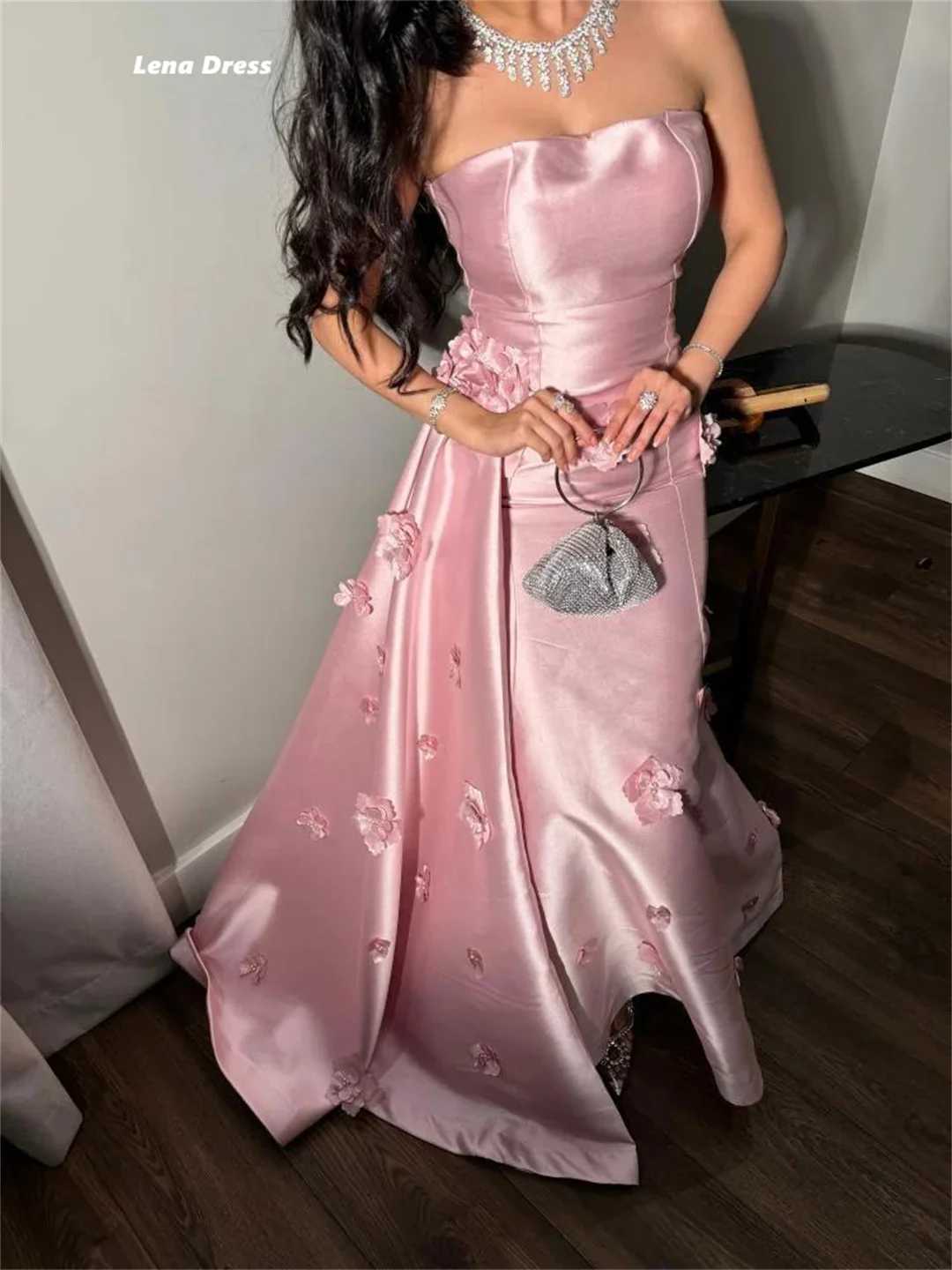 Lena Wedding Party Dress 3D Flowers Evening Dresses Satin Custom Made Pink Off the Shoulders Elegant Woman Prom Women Special