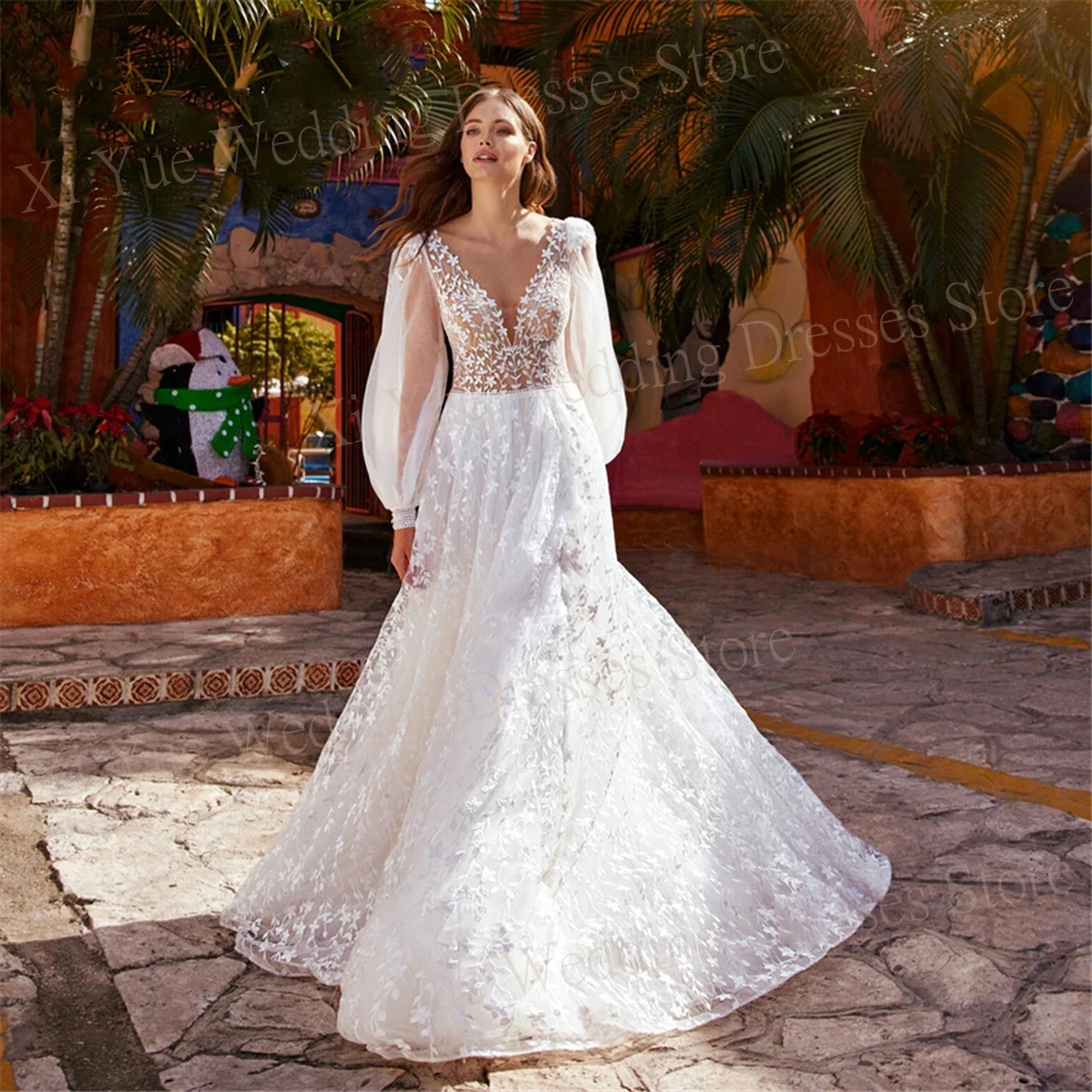 Vestidos De Novia De lujo con cuello en V, apliques De línea a, tul De encaje, elegantes, mangas largas abullonadas