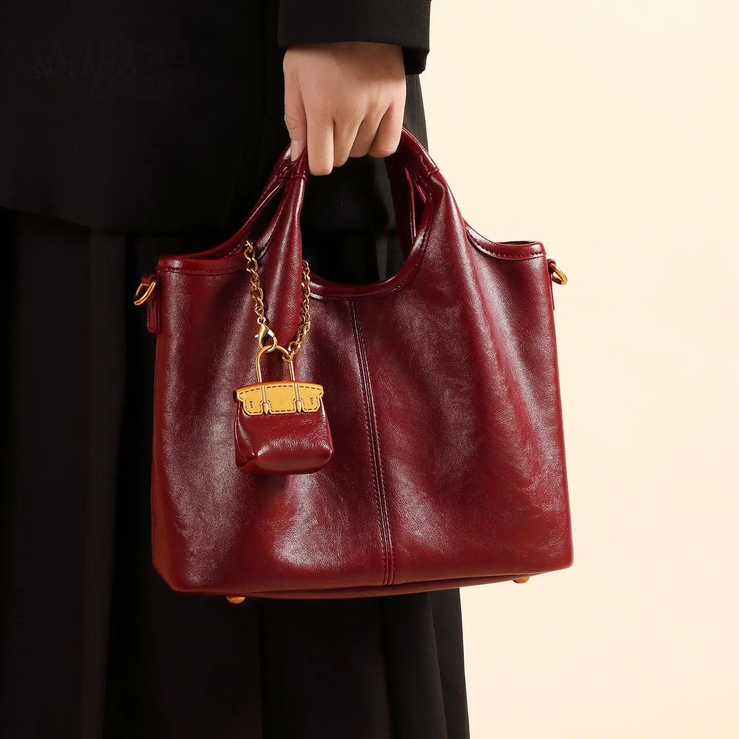 2026 Women Burgundy Pu Leather Tote Bag 2 In 1 Mother and Child Crossbody Purse