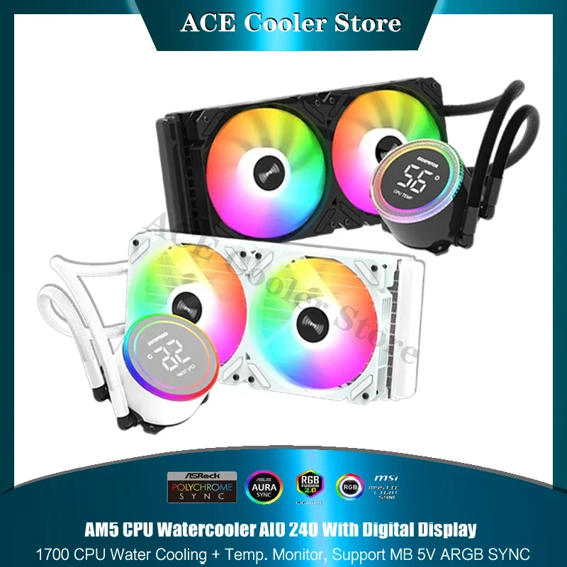 CPU Water Cooled Radiator 240 + Temp. Monitor Support LGA 1700/1200/115X/2011/2066/AM5/AM4/AM3 AMD Watercooler, 5V ARGB SYNC