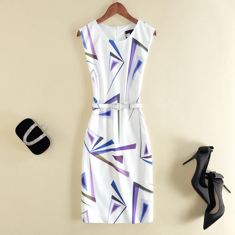 

Summer New plus Size Women's Faion Print Dr Belted Waist Slim Fit Svel round Ne Midi Skirt Commute Sle Zipper ...