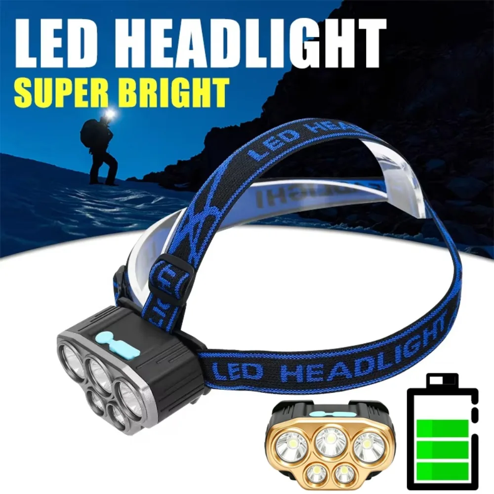 Super Bright 5 LED Headlamp USB Rechargeable Lamp with Built-in Battery Outdoor Waterproof Lantern for Fishing Running Emergency