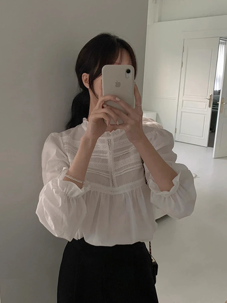 

Шикарный весенний женский длинный све, свободный крой, воротник-стойка, лоскутная кружевная отделка, цвет, универсальный стиль, корейский V...