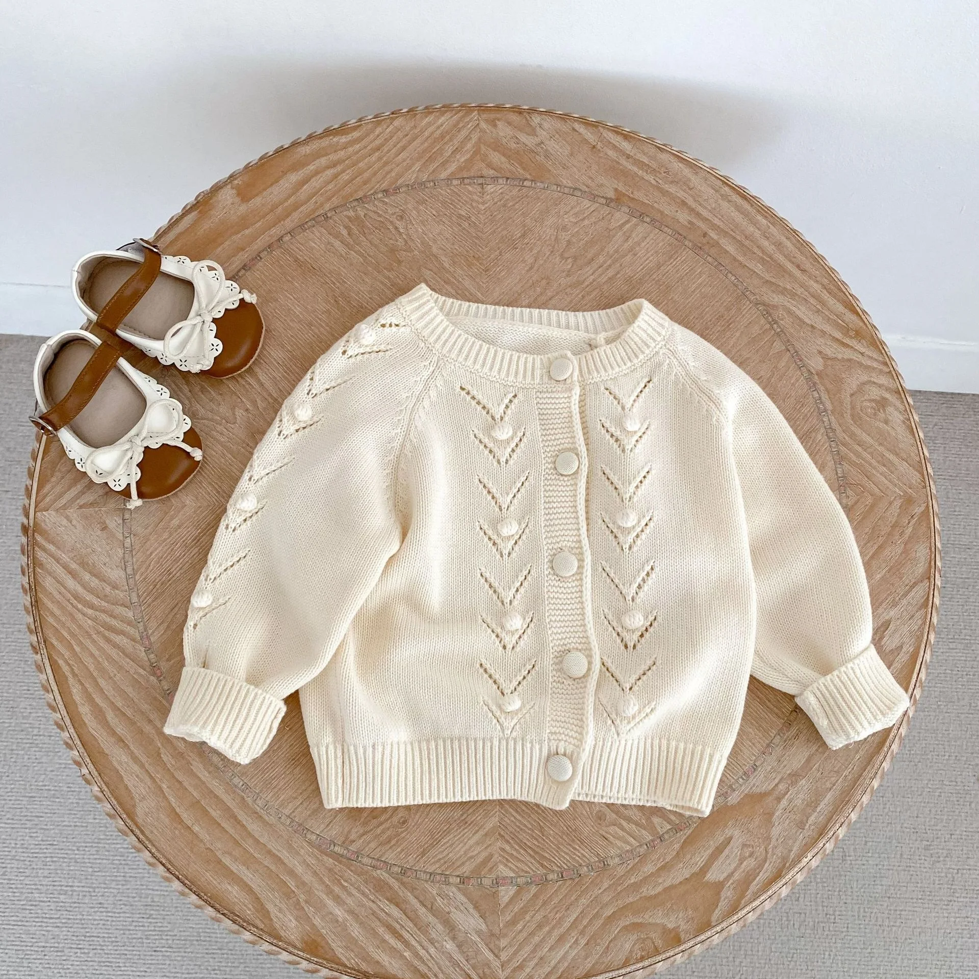 Baby Girl Spring and Autumn New Leaf Princess Style Girls' Knitted Cardigan Coat Long Sleeve Sweater